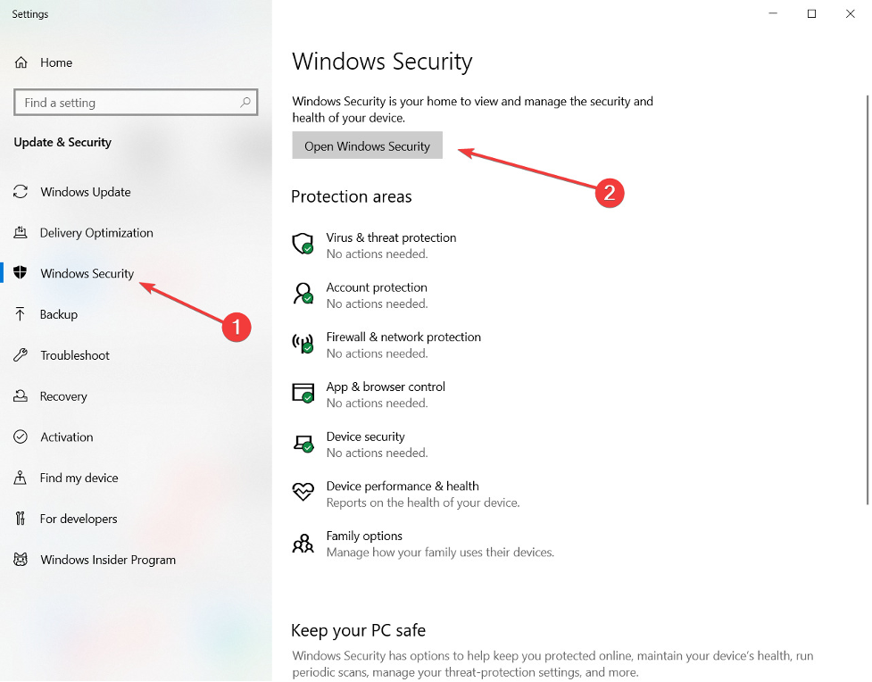 Mở chọn Windows Security